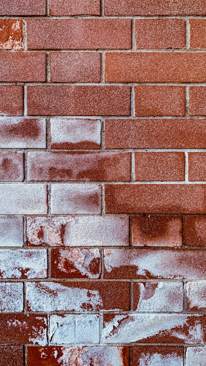 Close-up of a brick wall with weathered white paint, showcasing texture and color contrast.